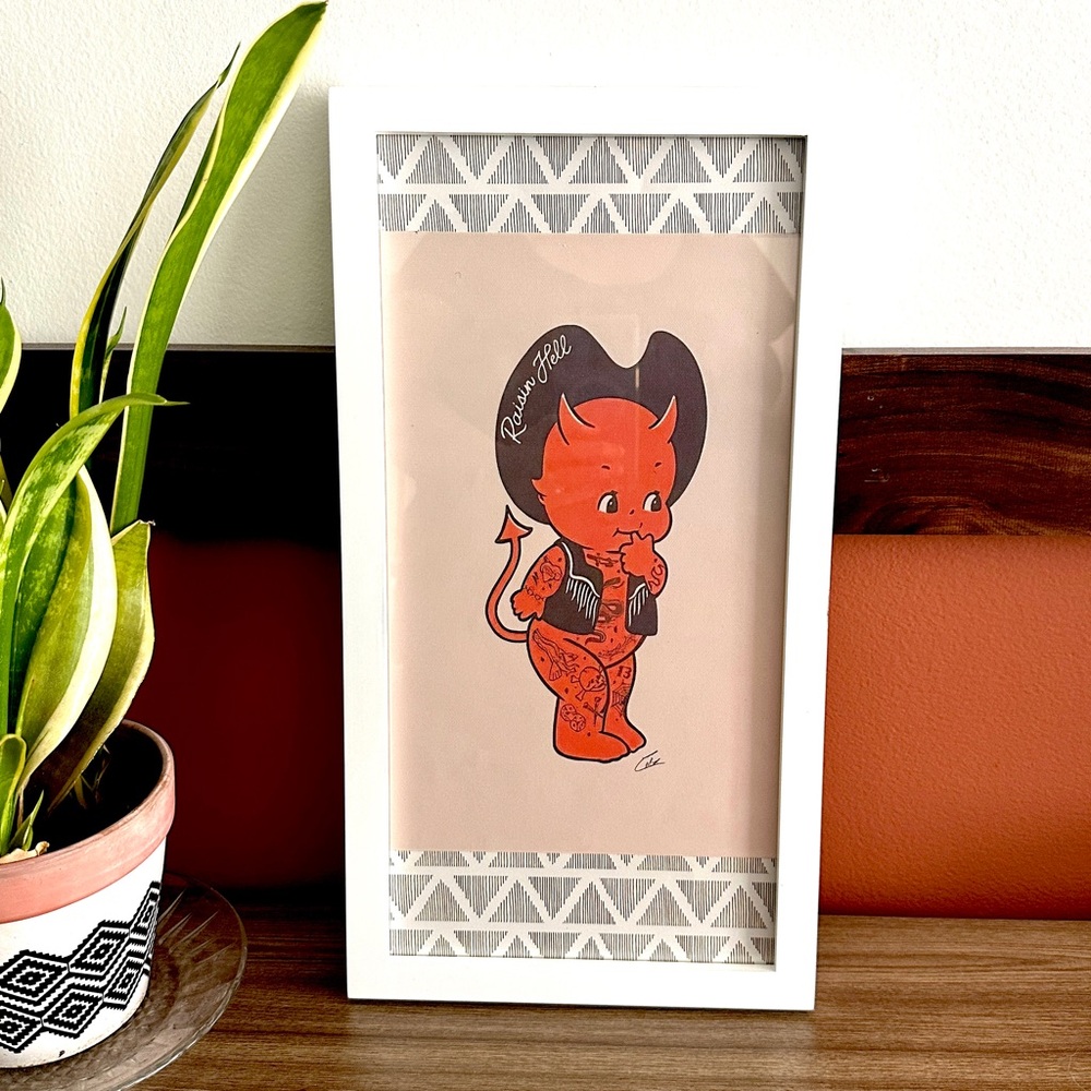 Kewpie Cowboy Devil Tattooed Western Devil Canvas Print White Framed Wall Art